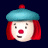 Four pixelated clown faces in a 2x2 grid, each with red hair, blue beret, and red nose showing different mouth expressions against dark background.