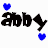Black stylized text 'abby' repeated three times in two on white background, with blue pixelated hearts positioned above and below each instance