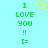 A static pixel art image with a light blue background displaying green text "I LOVE YOU !! [=" and a yellow heart symbol above the text.