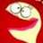 A pixelated cartoon face with wide eyes and a broad smile on a red background, featuring yellow skin tones and pink lips.