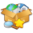 Pixelated icon shows open brown box with green and blue circular objects, white and blue items, and yellow star inside on gray background.