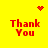 Yellow background with red pixelated text 'Thank You' in four quadrants, two small red heart icons at top corners, and a central cluster of scattered red dots.