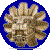 A circular pixelated icon with a blue outer ring and a central floral or coral-like pattern in muted greens, browns, and pinks on a gray background.