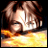 Pixelated anime-style character with brown hair and closed eyes in a yellow-orange background, next to stylized text on black background.