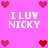 Pixelated pink background with repeated 'I LUV NICKY' text and red heart symbols in a