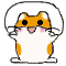 Four of a cartoon hamster with orange and white fur, black eyes, pink cheeks, and small whiskers in various poses against gray background