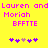 Yellow background with pink text reading "Lauren and Lauren and Moriah" above two identical of purple and pink flower icons