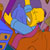 Pixelated icon with blue central shape, yellow circular elements on left and right, purple vertical band top-left, orange base, pink curved line across lower portion.
