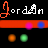 Pixelated 'Jordan' text in multiple colors with colored bars and dots on black background, animated color changes across frames.