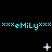 Cyan '***emILy***' text repeated three times horizontally on black background with white pixelated symbols changing across frames.