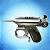 Pixelated image of a silver and black handgun with a long barrel against a blue gradient background.