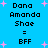 Blue background with pink starbursts and black pixelated text listing names Dara Amanda Shae as BFF twice.