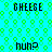 Pixelated text 'GHEESE' and 'huh?' on a cyan background with green hexagonal patterns, alternating between two states.