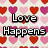 Pixelated heart pattern background with bold text reading "Love Happens I'm still waiting!" in black and white.