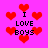 Pixelated red hearts and black text "I LOVE BOYS" on a bright pink background with animated heart shapes.