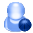 A pixelated blue and white abstract shape with a large rounded top and smaller dark blue circular element on the right side against a gray background.