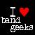 Pixelated graphic with white text and a red heart symbol on dark background, reading "I ❤️ band geeks" in stylized fonts.