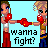 Pixel art buddy icon showing two cartoon characters in boxing poses with red gloves, one extending a punch toward the other against a light blue background with text below.