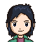 Pixel art character with dark blue hair and green jacket, shown in multiple states including full body armor transformations.