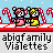 Pixel art of two cartoon characters standing on a red-and-white striped platform with candy canes and snowflakes in the background, text below reads "abigfamly Violettes".