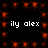 Static image with repeating red starburst patterns on black background and white text 'ily alex' in two horizontal