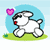 Pixelated white dog with black outline, red nose, and pink heart above head, standing on green grass against light blue circular background with white cloud.