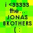 Pixelated green and yellow displays repeated text 'i <33333 the... JONAS BROTHERS [:]' with a single yellow square change in one frame