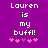 Purple background with white pixelated text reading 'Lauren is my buffl!' and five pink heart symbols below, two versions showing slight heart position differences.