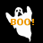 White and gray ghost figures with orange 'BOO!' text on black background, each in a raised-arm pose.