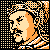 Pixelated static icon depicting a stylized human face with orange and beige tones against a black background, featuring dithered patterns and blocky rendering typical of early digital art.