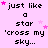 Pixelated text 'just like a star 'cross my sky...' repeated across pink background with scattered pink stars, some frames show additional small stars.