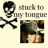 Black skull and crossbones icon with 'stuck to my tongue' text above a pixelated celebrity image on a beige background.