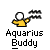 Pixelated static icon of a yellow stick figure holding a fishing rod with two wavy lines, below which is text reading "Aquarius Buddy" on a gray background.