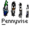 Animated contact sheet of Pennywise-themed buddy icons showing character sprites and circular symbols across 10 frames with varying poses, expressions, and symbol states.