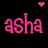 Pixelated pink text 'asha' appears twice on a black background with two pixel hearts above, one pink and one yellow.