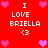Red background with repeated white text "I LOVE BRIELLA" and heart symbols, featuring pixelated hearts in pink and purple hues.