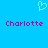 Pixelated blue background with a light blue heart symbol above two identical pink text instances of 'Charlotte' in a retro font.