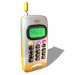 Animated sequence of a yellow and white mobile phone with green screen, showing screen states, open/closed flip, and angled views.