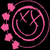 Pixelated pink icon with concentric circular lines and five flower-like shapes on a black background, static single-frame image.