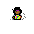 Pixel art character with afro hair and green headband, wearing yellow shirt with purple heart, holding white object, transitioning to colorful 'JMI' text with rainbow outline.