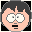 Pixelated cartoon character with peach skin, black hair, wide eyes, and open mouth against dark background.