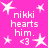 Pink background with white text and star shapes; repeated phrase 'nikki hearts him.' with heart symbol <3.