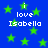 Blue background with green stars and repeated white text 'i love Isabella' in pixelated font.