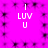 A bright pink background with repeating dark purple pixelated patterns and four identical white text blocks reading "I LUV U" arranged in a