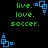 Green text 'live.', 'love.', and 'soccer.' appears above blue pixelated square icons on a black background.