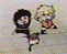 Animated sequence showing two cartoon figures with distinct hairstyles and clothing, one holding a guitar-like object that changes position across frames.