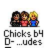 Pixel art contact sheet showing three animated frames of a cartoon trio with speech bubbles and text below each frame.