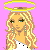 Pixel art contact sheet showing two static character icons with text on a pink background, one with angel wings and halo labeled 'Good Girls' and the other with devil horns labeled 'are bad gurlz who dont get caught'.