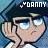 Pixelated cartoon character with dark hair and blue eyes, hand near face, text above head showing 'YDANNY' with pink heart symbol.