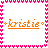 Pixelated static buddy icon with orange text 'kristie' centered under a pink border, featuring asterisk-like symbols on both sides of the name and an underline beneath it.